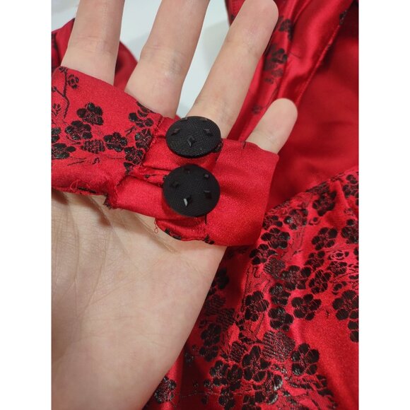 Y2K Red Halter Midi Oriental Asian Satin Feminine Prom Floral Jacquard Dress - L - Picture 7 of 11